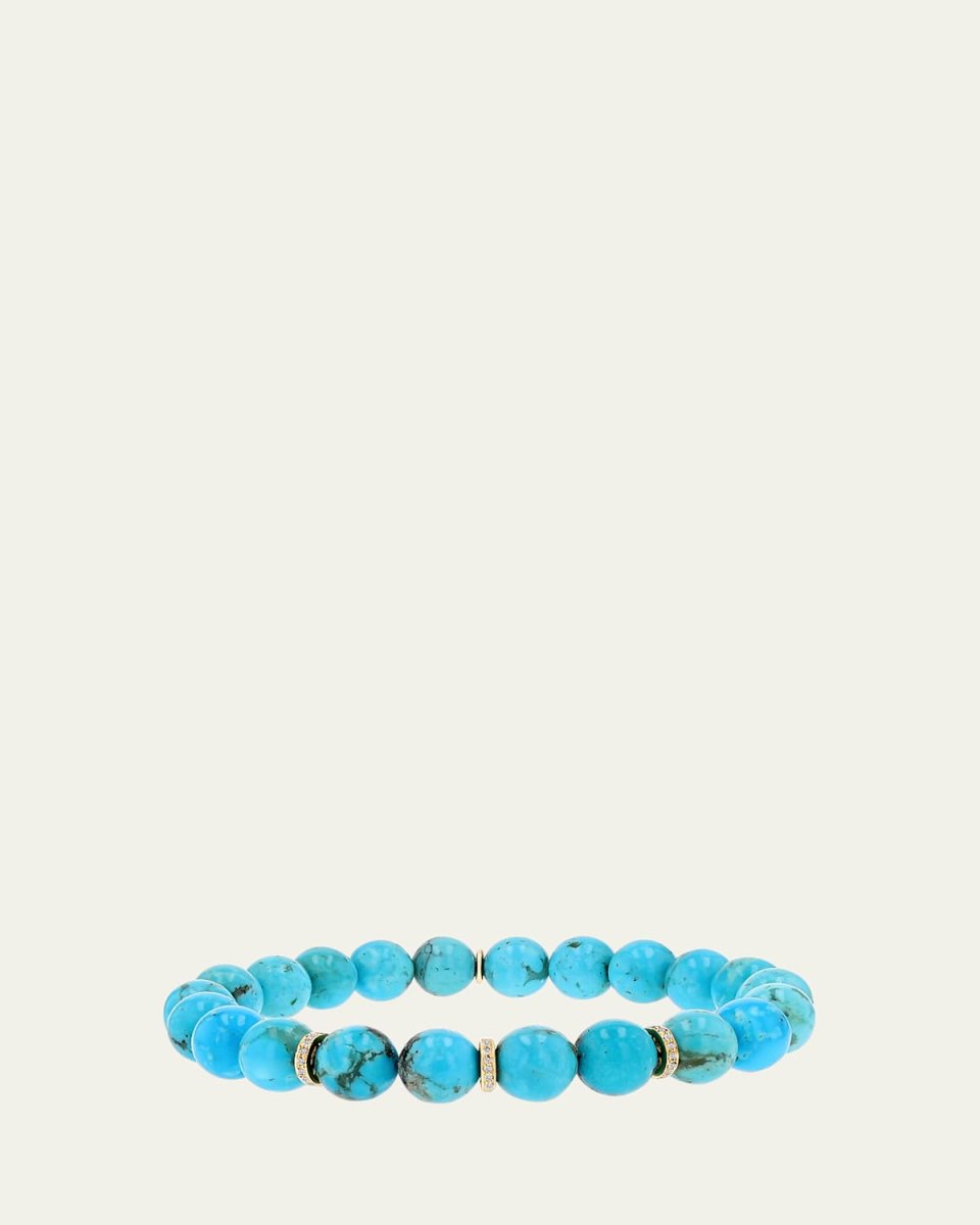 14K Turquoise 8mm Bead Bracelet with 3 Pave Diamond Rondelles